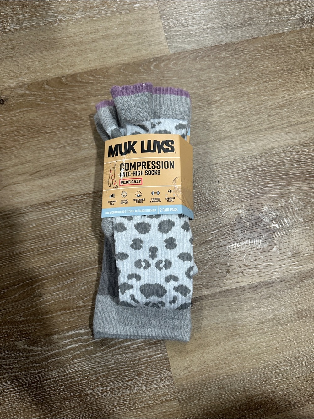 Muk Luks Gray, White & Purple Knee-High Compression Socks - Leopard Print 2 pack